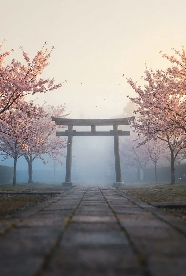 Poartă tradițională japoneză printre cireși înfloriți, în ceață